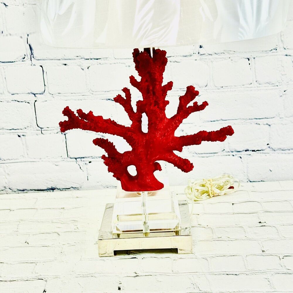 Broyhill Red Corral Lucite Reef Nautical Coastal Beach Table Lamp & Shade - Picture 3 of 16
